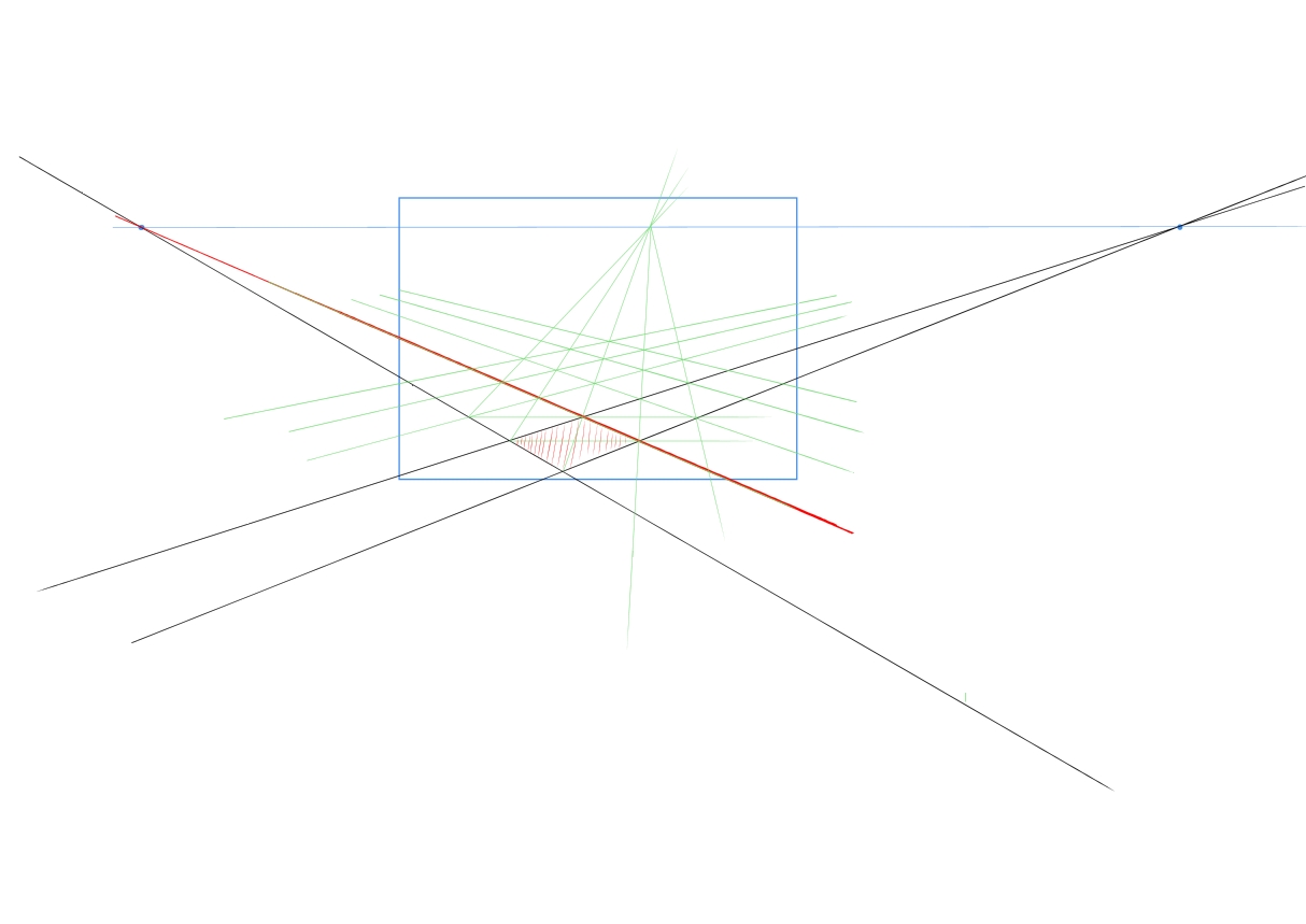 パース８を参考に描いてみると図のような感じです 緑→補助線。赤→