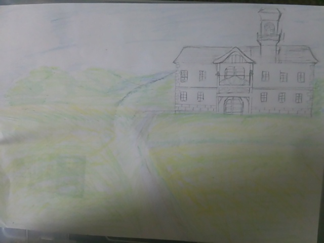 手前に畦道がありそのその後ろに建物がある そんなイメージで描きま