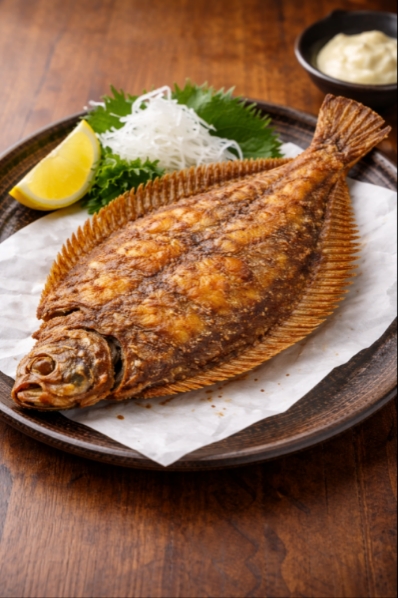 こんばんは 食べ物ですまずはカレイの唐揚げ