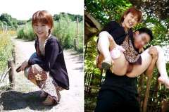 ノーパンで抱っこされ、急所を晒す「早苗」さん。