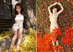 落葉に囲まれる「子午線奥様」。