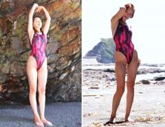 水着姿でスタイルの良さをアピールする「子午線奥様」。