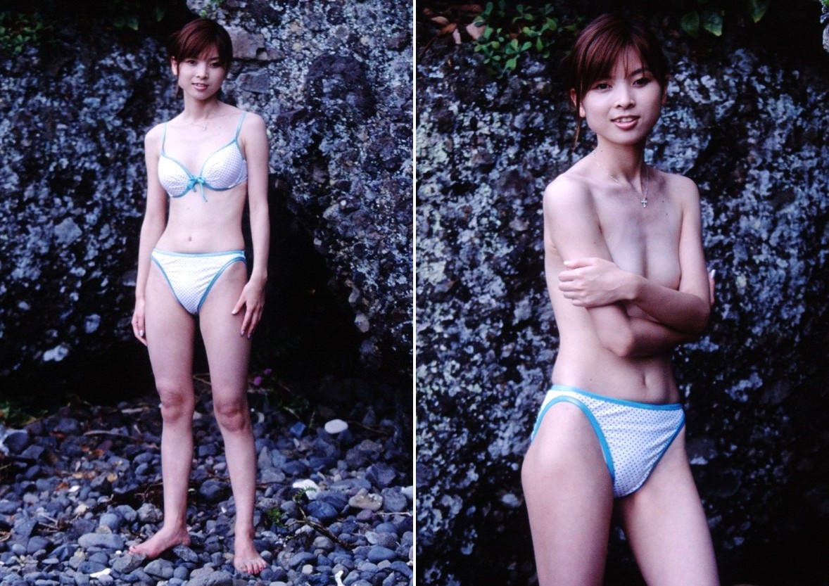 海岸でビキニ姿を披露する「りさ」さん。