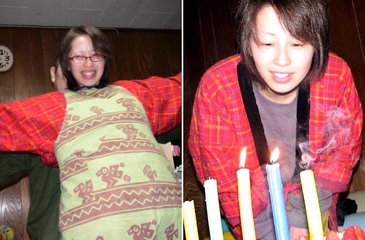 丹前を着て楽しそうな「久美子」さん。