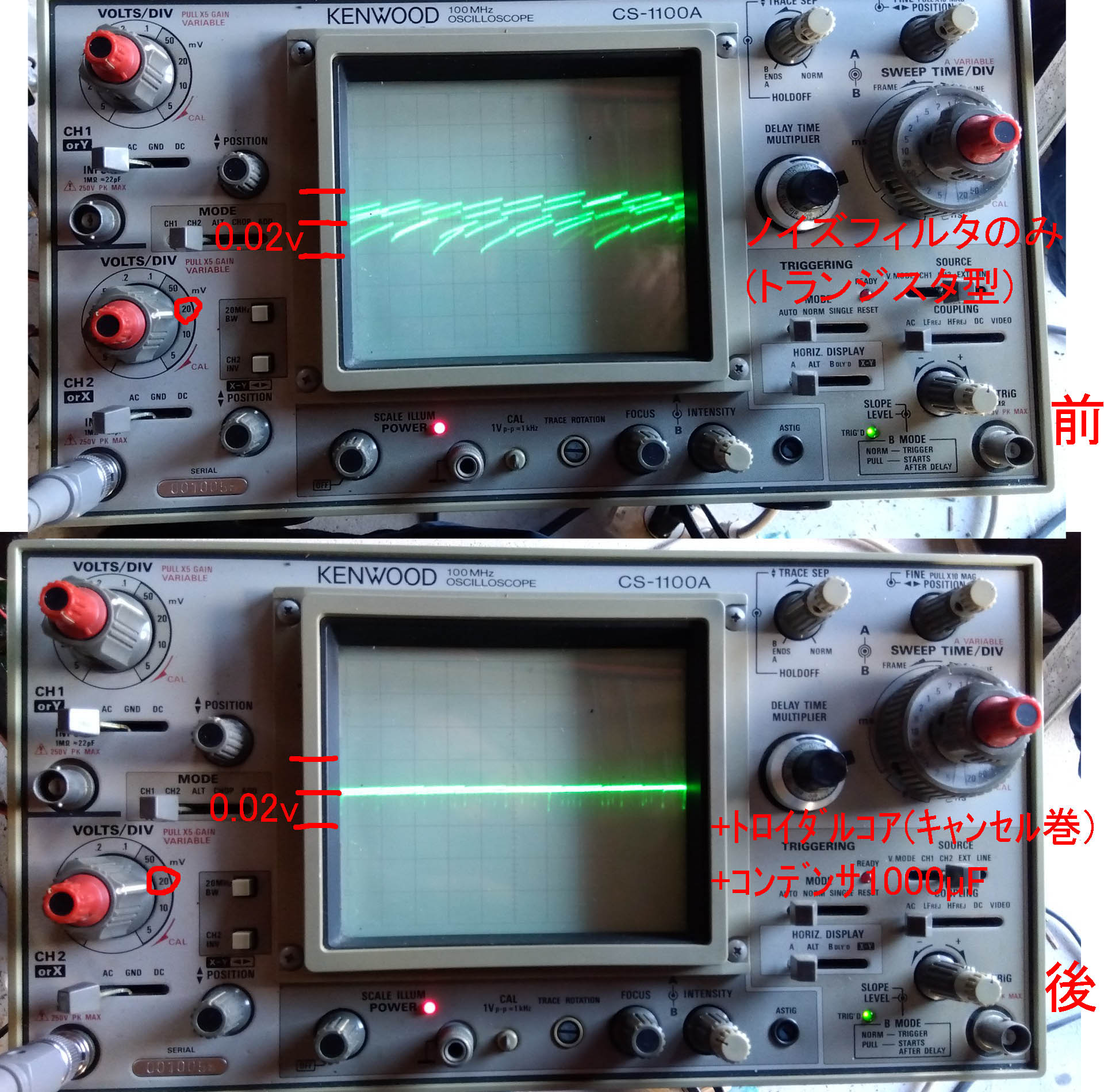 ふと、ノイズには電解コンデンサでは？ ジャンク基板から1000µ