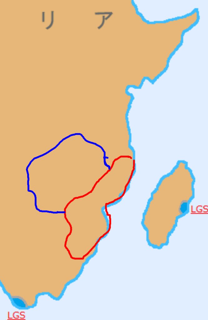 青い部分をカテゴリーCでインプチア王国という名称で赤い部分をカテ