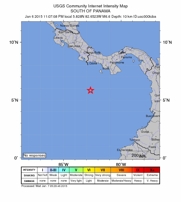 ＵＳＧＳ、14時7分8秒　Ｍ６．６　パナマ沖 北緯5.828度　