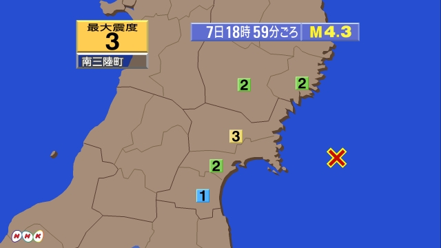 18時59分ごろ、Ｍ４．３　宮城県（女川原発近郊）沖 北緯38.