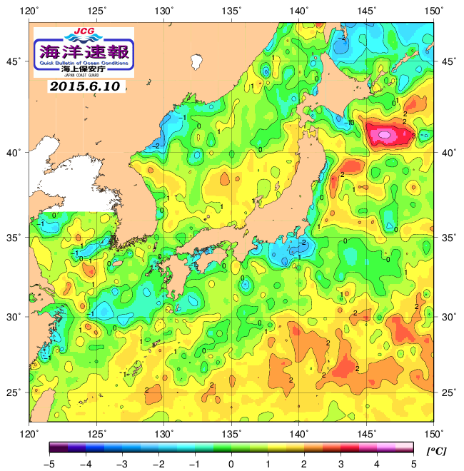 ６月１０日の、海水表面温度（平年比）、 http://www1.