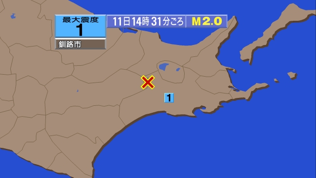 14時31分ごろ、Ｍ２．０　北海道網走地方 北緯43.4度　東経