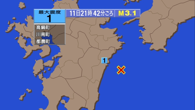 21時42分ごろ、Ｍ３．１　日向灘 北緯32.3度　東経132.