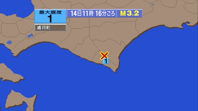 11時16分ごろ、Ｍ３．２　北海道日高地方東部 北緯42.3度　