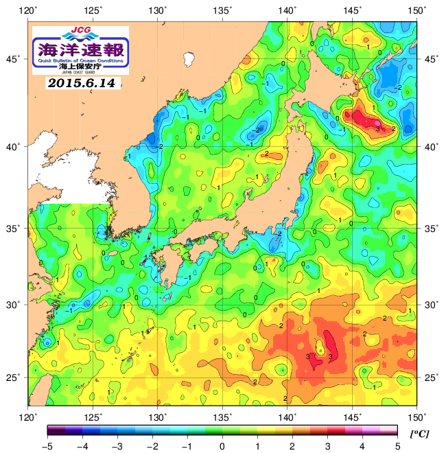 ６月１４日に、海水表面温度（平年比）、 http://www1.