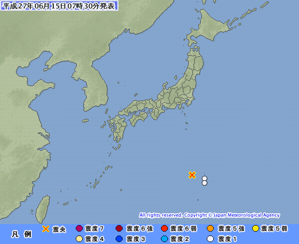 7時23分ごろ、Ｍ５．４　小笠原諸島西方沖 北緯27.5度　東経