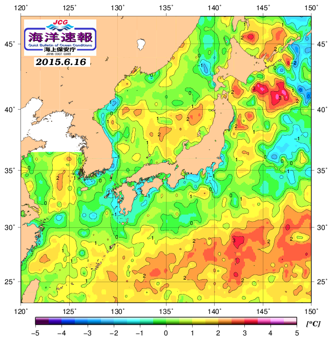 ６月１６日の、海水表面温度（平年比）、 http://www1.