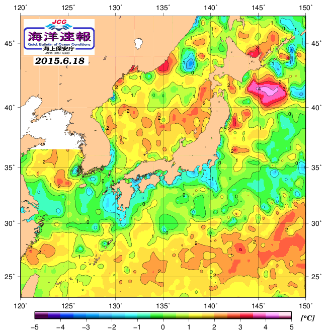 ６月１８日の、海水表面温度（平年比）、 http://www1.