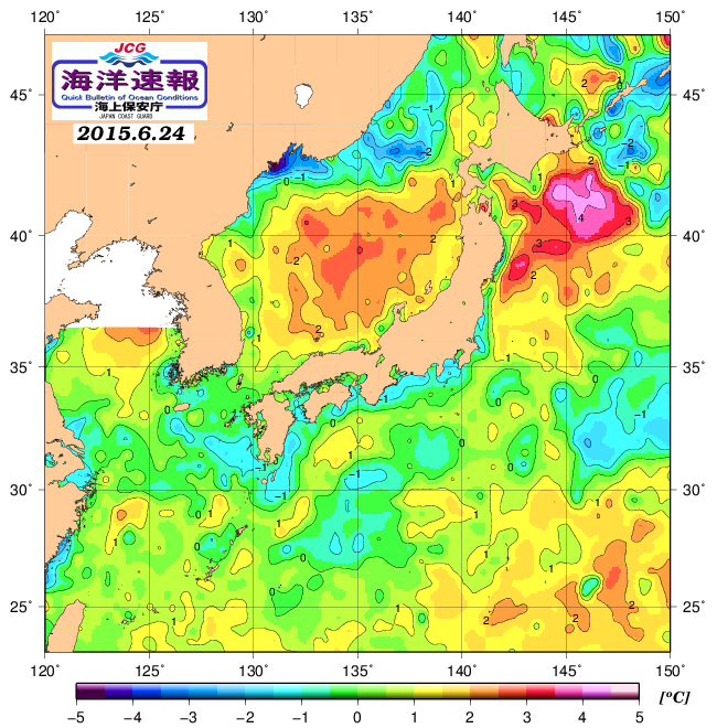 ６月２４日の海水表面温度（平年比）、 http://www1.k