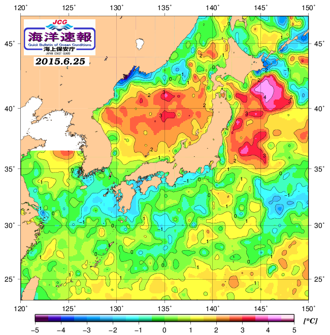 ６月２５日の、海水表面温度（平年比）、 http://news.