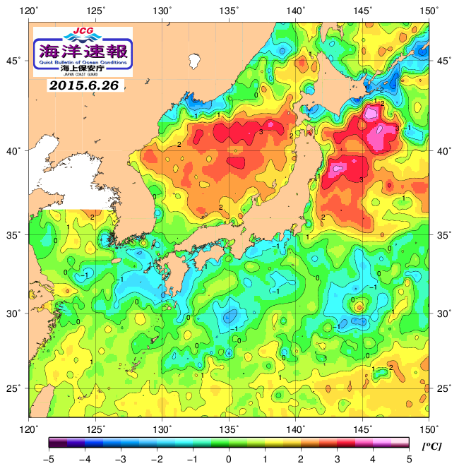 ６月２６日の、海水表面温度（平年比）、 http://www1.