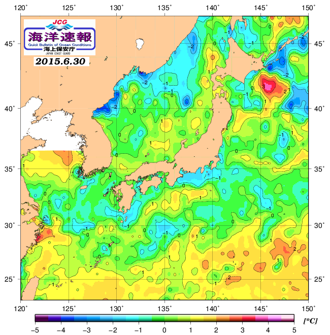 ６月３０日の、海水表面温度（平年比）、 http://www1.