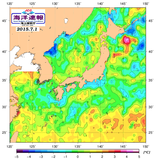 ７月１日の、海水表面温度（平年比）、 http://www1.k