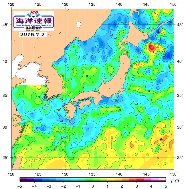 ７月２日の、海水表面温度（平年比）、 http://www1.k