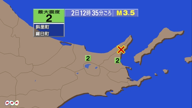 12時35分ごろ、Ｍ３．５　北海道根室地方北部 北緯44.0度　
