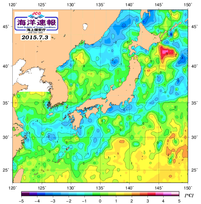 ７月３日の、海水表面温度（平年比）、 http://www1.k