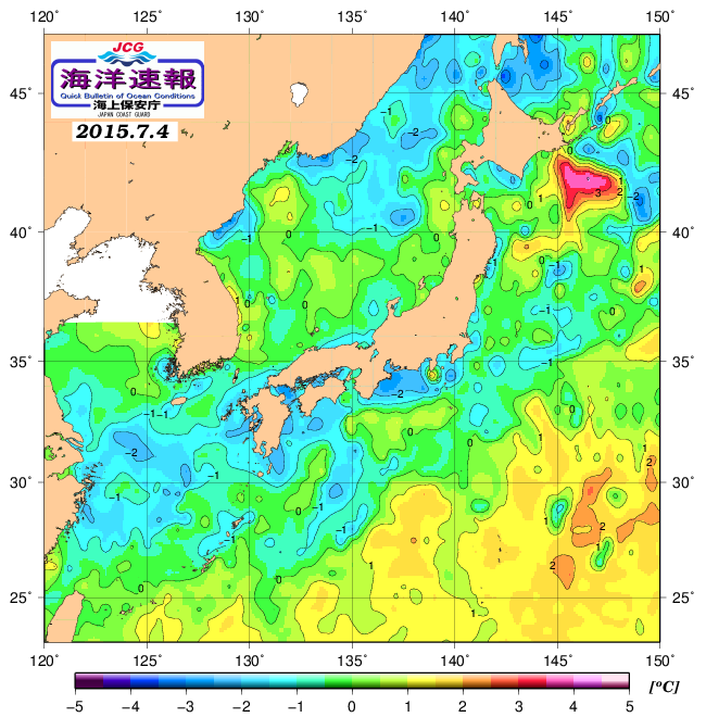 ７月４日の、海水表面温度（平年比）、 http://www1.k