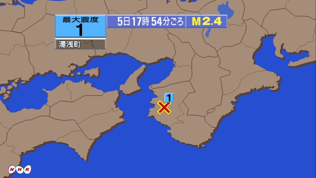 17時54分ごろ、Ｍ２．４　和歌山県北部 北緯34.0度　東経1