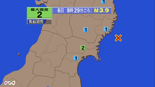9時29分ごろ、Ｍ３．９　宮城県沖 北緯38.9度　東経142.