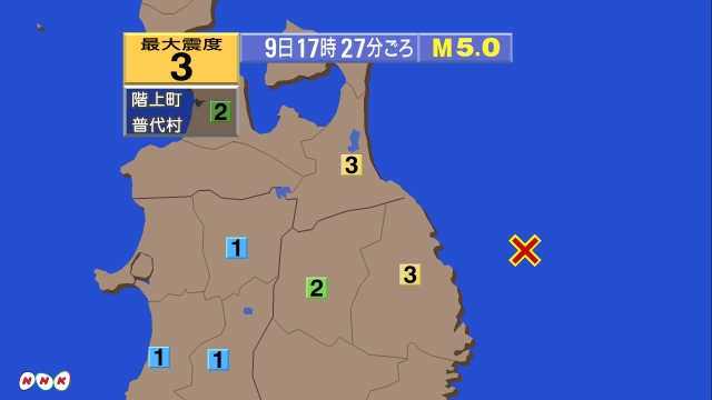17時27分ごろ、Ｍ５．０　岩手県沖 北緯40.1度　東経142