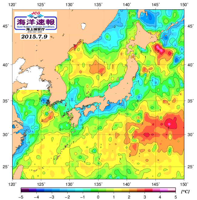 ７月９日の、海水表面温度（平年比）、 http://www1.k