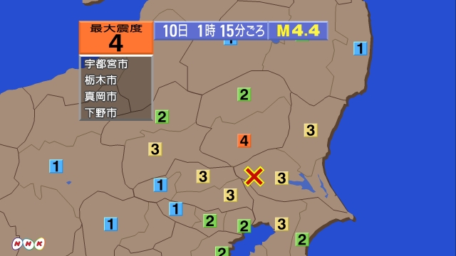 1時15分ごろ、Ｍ４．４　茨城県南部 北緯36.1度　東経139