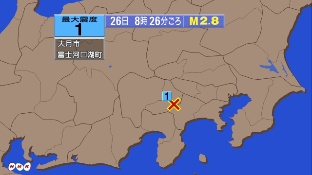 8時26分ごろ、Ｍ２．８　山梨県東部・富士五湖 北緯35.5度　