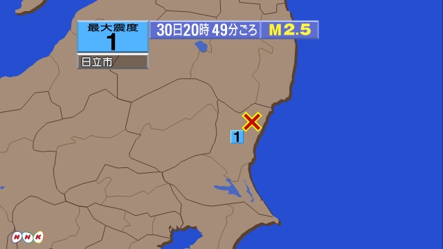 20時49分ごろ、Ｍ２．５　茨城県北部 北緯36.7度　東経14