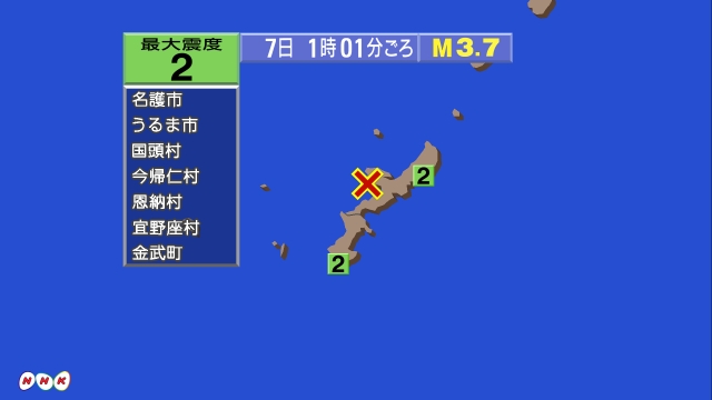 1時1分ごろ、Ｍ３．７　沖縄本島近海 北緯26.6度　東経127