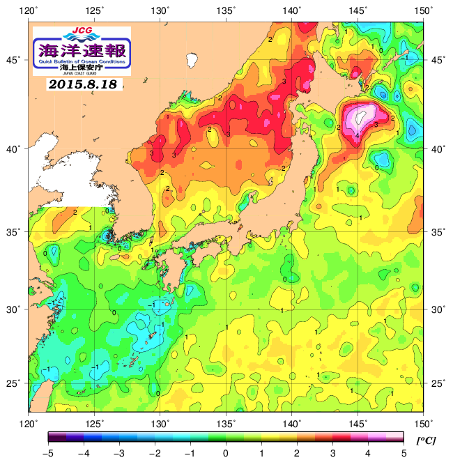 ８月１８日の、海水表面温度（平年比）、 http://www1.