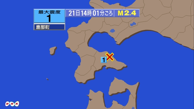 14時1分ごろ、Ｍ２．４　北海道渡島東部 北緯42.0度　東経1