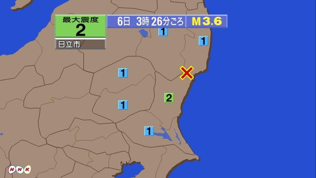3時26分ごろ、Ｍ３．６　福島県浜通り 北緯36.9度　東経14