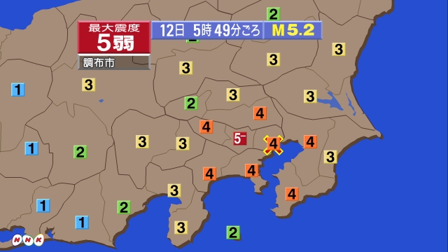 東京湾地震、Ｍ５．３→Ｍ５．２　北緯35.5度→35.6度　深さ