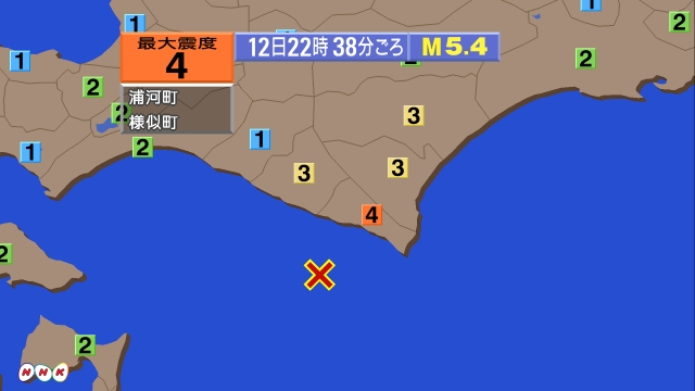 22時38分ごろ、Ｍ５．４　浦河沖 北緯41.8度　東経142.