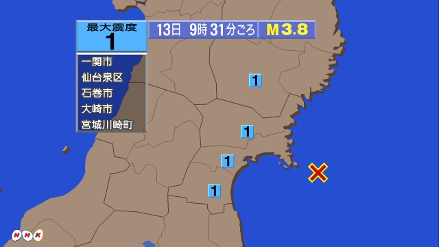 9時31分ごろ、Ｍ３．８　宮城県沖 北緯38.2度　東経141.