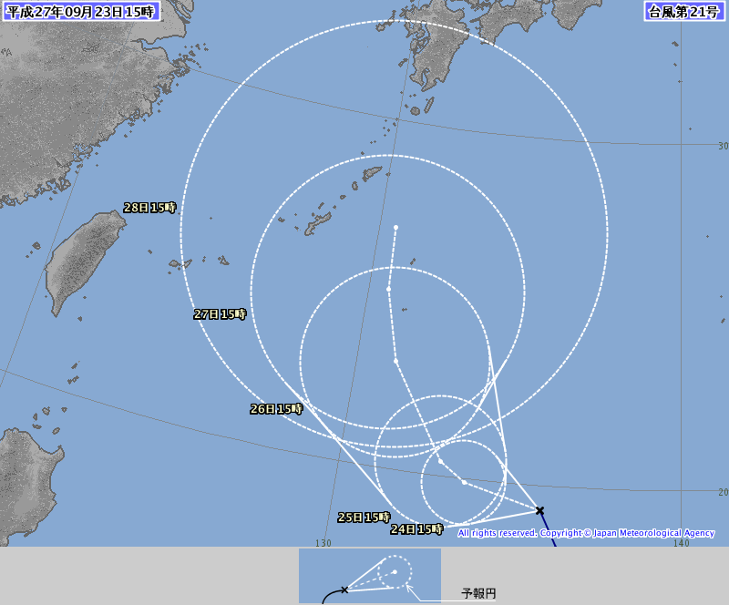 台風２１号の予想進路が、九州南部に接近・上陸するコースになってき