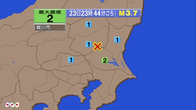 23時44分ごろ、Ｍ３．７　栃木県南部 北緯36.4度　東経14