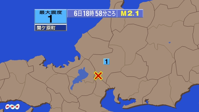 18時58分ごろ、Ｍ２．１　岐阜県美濃中西部 北緯35.3度　東