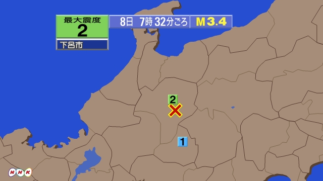 7時32分ごろ、Ｍ３．４　岐阜県飛騨地方 北緯36.0度　東経1