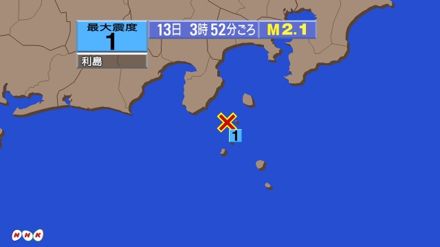 3時52分ごろ、Ｍ２．１　新島・神津島近海 北緯34.5度　東経