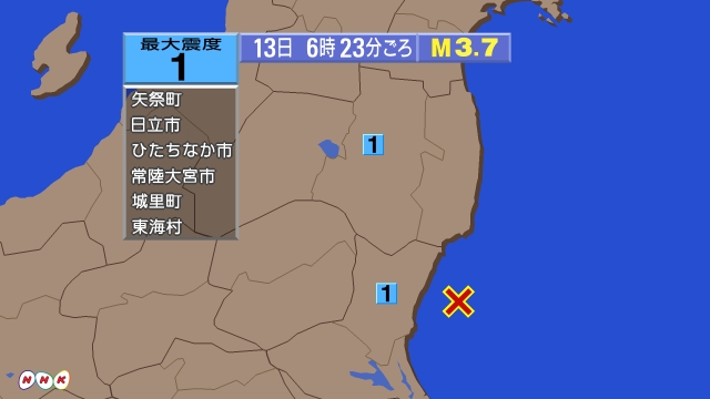 6時23分ごろ、Ｍ３．７　茨城県沖 北緯36.5度　東経140.