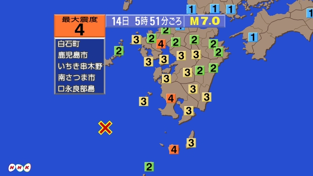 5時51分ごろ、Ｍ７．０　佐津間半島西方沖 北緯30.9度　東経